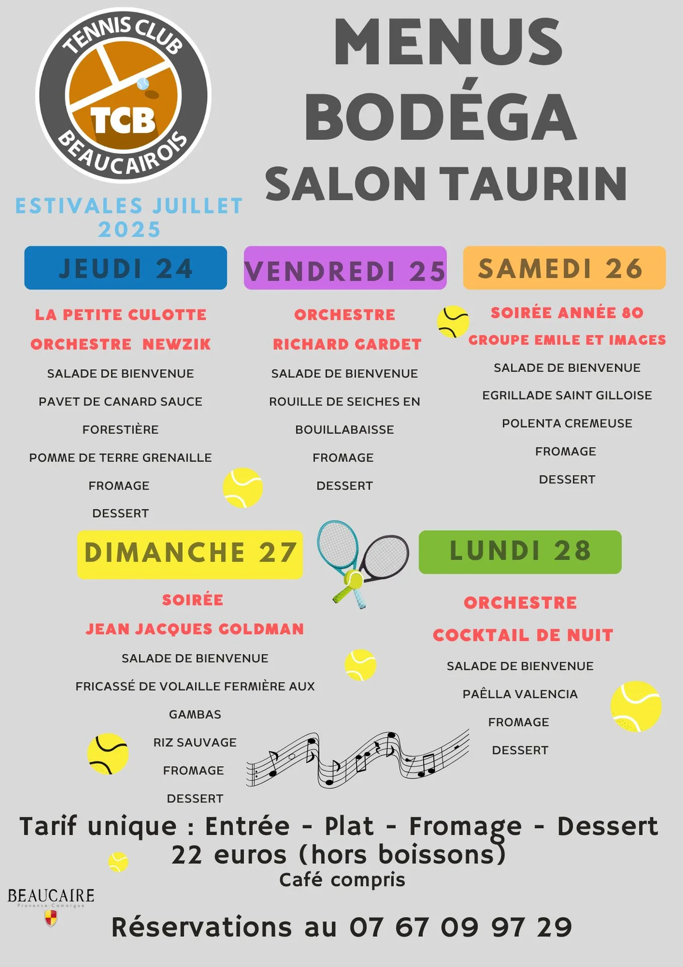 Menu de la bodega du club pour les Estivales 2025